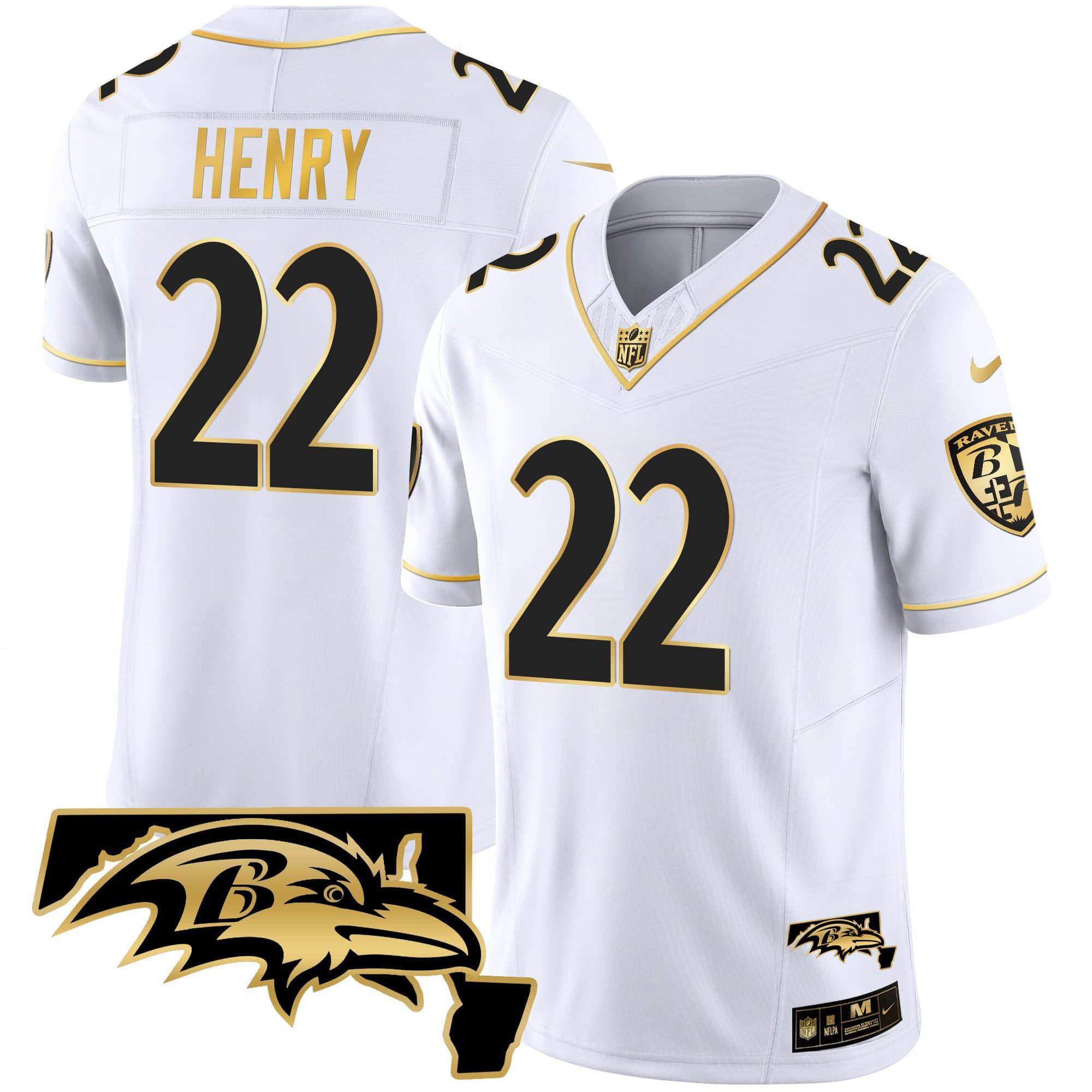 Men Baltimore Ravens #22 Henry White Gold 2024 Nike Maryland Patch Vapor Limited NFL Jersey